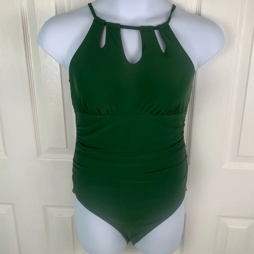 CUPSHE Women's Green Swimsuit One Piece High Neck Cutouts Lace Up Back Large NWT